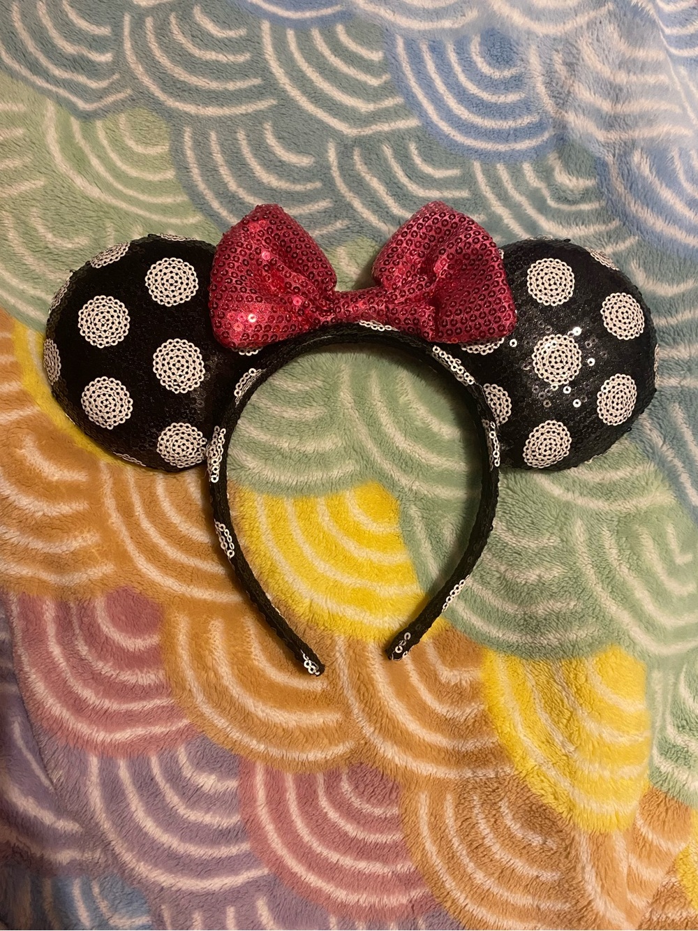 Black Sequins Polka Dot Mouse Ears Headband with Pink Sequin Bow